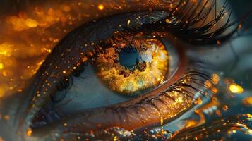 An artistic painting of a woman's eye with eyelashes surrounded by water and fire creating a beautiful pattern reminiscent of fractal art in a landscape. Hihg quality photo