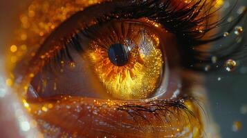 A macro photography art piece featuring a womans eye with electric orange fire, surrounded by darkness and highlighting the intricate details of the iris and eyelashes. High quality photo