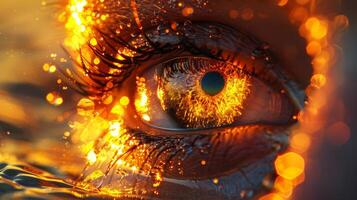 An artistic painting of a woman's eye with eyelashes surrounded by water and fire creating a beautiful pattern reminiscent of fractal art in a landscape. Hihg quality photo