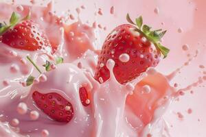 fresas con Leche ondas, fresa bebida y fresa yogur publicidad diseño. fresa Leche agitar, 3d prestar. alto calidad foto