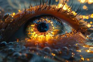 An artistic painting of a woman's eye with eyelashes surrounded by water and fire creating a beautiful pattern reminiscent of fractal art in a landscape. Hihg quality photo