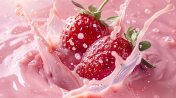 Strawberries with milk waves, Strawberry drink and strawberry yogurt advertising design. Strawberry milk shake, 3d render. High quality photo