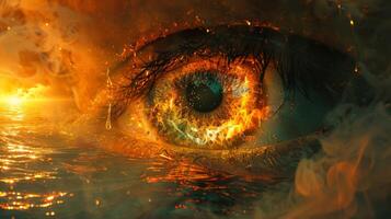 An artistic painting of a woman's eye with eyelashes surrounded by water and fire creating a beautiful pattern reminiscent of fractal art in a landscape. Hihg quality photo