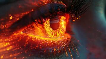 A macro photography art piece featuring a womans eye with electric orange fire, surrounded by darkness and highlighting the intricate details of the iris and eyelashes. High quality photo