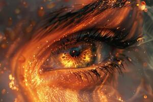 A macro photography art piece featuring a womans eye with electric orange fire, surrounded by darkness and highlighting the intricate details of the iris and eyelashes. High quality photo