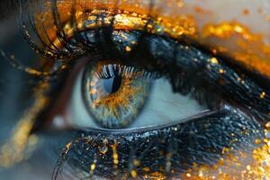 A macro photography art piece featuring a womans eye with electric orange fire, surrounded by darkness and highlighting the intricate details of the iris and eyelashes. High quality photo