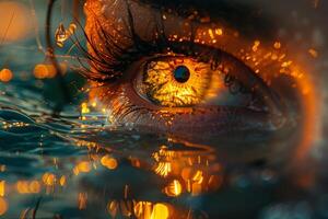 An artistic painting of a woman's eye with eyelashes surrounded by water and fire creating a beautiful pattern reminiscent of fractal art in a landscape. Hihg quality photo