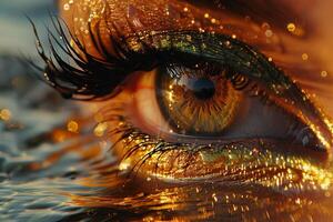 An artistic painting of a woman's eye with eyelashes surrounded by water and fire creating a beautiful pattern reminiscent of fractal art in a landscape. Hihg quality photo