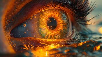 An artistic painting of a woman's eye with eyelashes surrounded by water and fire creating a beautiful pattern reminiscent of fractal art in a landscape. Hihg quality photo