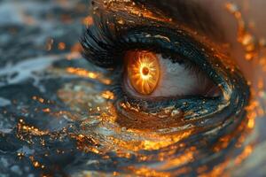 An artistic painting of a woman's eye with eyelashes surrounded by water and fire creating a beautiful pattern reminiscent of fractal art in a landscape. Hihg quality photo