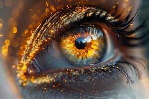 A macro photography art piece featuring a womans eye with electric orange fire, surrounded by darkness and highlighting the intricate details of the iris and eyelashes. High quality photo