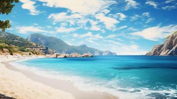 The scene shows a sunny day at the beach with waves crashing on the sand, creating a beautiful natural landscape by the water under a sky filled with clouds photo