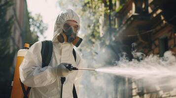 Person in hazmat suit disinfecting street with sprayer. Surface treatment during coronavirus pandemic. A guy from the pest control service in a mask and a white protective suit sprays poisonous gas photo