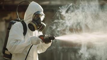 Person in hazmat suit disinfecting street with sprayer. Surface treatment during coronavirus pandemic. A guy from the pest control service in a mask and a white protective suit sprays poisonous gas photo