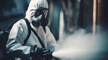 Person in hazmat suit disinfecting street with sprayer. Surface treatment during coronavirus pandemic. A guy from the pest control service in a mask and a white protective suit sprays poisonous gas photo