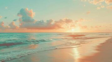 Beautiful sunrise beach. Exotic shore, waves on bright sand, sea horizon. Closeup, Mediterranean dream, sunset sky. Peaceful tranquil relax. Positive energy meditation. High quality photo