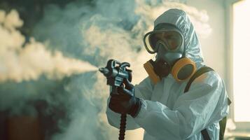 Person in hazmat suit disinfecting street with sprayer. Surface treatment during coronavirus pandemic. A guy from the pest control service in a mask and a white protective suit sprays poisonous gas photo