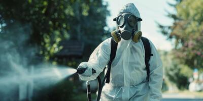 Person in hazmat suit disinfecting street with sprayer. Surface treatment during coronavirus pandemic. A guy from the pest control service in a mask and a white protective suit sprays poisonous gas photo