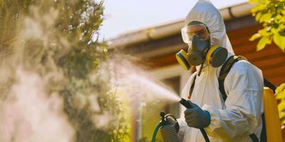 Person in hazmat suit disinfecting street with sprayer. Surface treatment during coronavirus pandemic. A guy from the pest control service in a mask and a white protective suit sprays poisonous gas photo