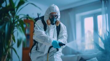 Person in hazmat suit disinfecting house with sprayer. Surface treatment during coronavirus pandemic. A guy from the pest control service in a mask and a white protective suit sprays poisonous gas photo