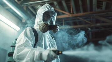 Person in hazmat suit disinfecting street with sprayer. Surface treatment during coronavirus pandemic. A guy from the pest control service in a mask and a white protective suit sprays poisonous gas photo