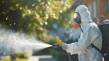 Person in hazmat suit disinfecting street with sprayer. Surface treatment during coronavirus pandemic. A guy from the pest control service in a mask and a white protective suit sprays poisonous gas photo