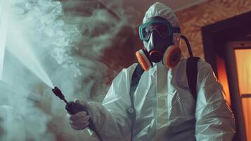 Person in hazmat suit disinfecting house with sprayer. Surface treatment during coronavirus pandemic. A guy from the pest control service in a mask and a white protective suit sprays poisonous gas photo