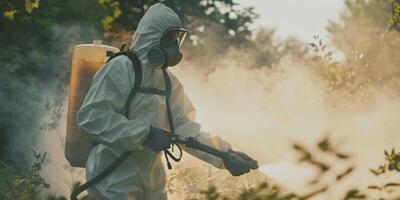 Person in hazmat suit disinfecting street with sprayer. Surface treatment during coronavirus pandemic. A guy from the pest control service in a mask and a white protective suit sprays poisonous gas photo