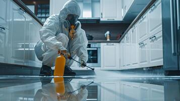 Person in hazmat suit disinfecting kitchen with sprayer. Surface treatment during coronavirus pandemic. A guy from the pest control service in a mask and a white protective suit sprays poisonous gas photo