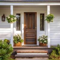 Residential home, vintage entrance wood solid door with the windows on sides and overhead. High quality photo