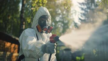 Person in hazmat suit disinfecting street with sprayer. Surface treatment during coronavirus pandemic. A guy from the pest control service in a mask and a white protective suit sprays poisonous gas photo