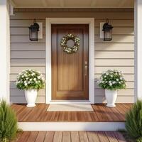 Residential home, vintage entrance wood solid door with the windows on sides and overhead. High quality photo