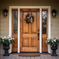 Residential home, vintage entrance wood solid door with the windows on sides and overhead. High quality photo