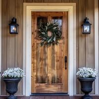 residencial hogar, Clásico Entrada madera sólido puerta con el ventanas en lados y gastos generales. alto calidad foto