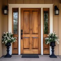 Residential home, vintage entrance wood solid door with the windows on sides and overhead. High quality photo