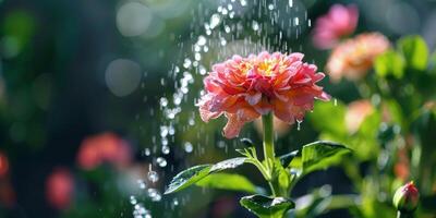 A pink, white or orange flower is gracefully being watered by a water, surrounded by a beautiful natural landscape. High quality photo