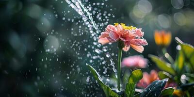 A pink, white or orange flower is gracefully being watered by a water, surrounded by a beautiful natural landscape. High quality photo