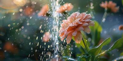 A pink, white or orange flower is gracefully being watered by a water, surrounded by a beautiful natural landscape. High quality photo