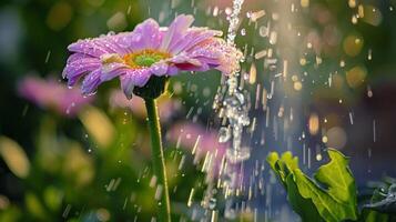 A pink, white or orange flower is gracefully being watered by a water, surrounded by a beautiful natural landscape. High quality photo