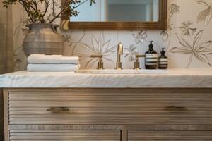 Chest of drawers with vessel sink, toiletries and houseplants in bathroom. Interior design. High quality photo