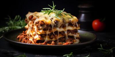 Delicious lasagna with meat sauce and cheese on dark background, hd photography of food, delicious bolognese pasta in the style of seihebricommerce stock photo contest winner. High quality photo