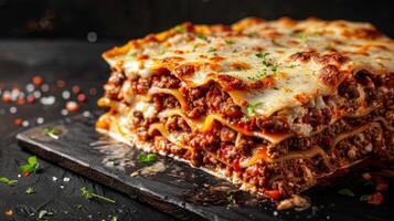 Delicious lasagna with meat sauce and cheese on dark background, hd photography of food, delicious bolognese pasta in the style of seihebricommerce stock photo contest winner. High quality photo