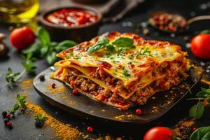 Delicious lasagna with meat sauce and cheese on dark background, hd photography of food, delicious bolognese pasta in the style of seihebricommerce stock photo contest winner. High quality photo