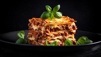 Delicious lasagna with meat sauce and cheese on dark background, hd photography of food, delicious bolognese pasta in the style of seihebricommerce stock photo contest winner. High quality photo