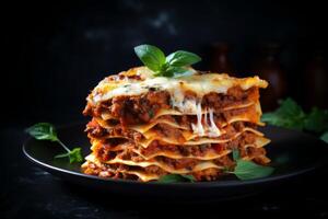 Delicious lasagna with meat sauce and cheese on dark background, hd photography of food, delicious bolognese pasta in the style of seihebricommerce stock photo contest winner. High quality photo