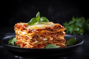 Delicious lasagna with meat sauce and cheese on dark background, hd photography of food, delicious bolognese pasta in the style of seihebricommerce stock photo contest winner. High quality photo