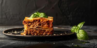 Delicious lasagna with meat sauce and cheese on dark background, hd photography of food, delicious bolognese pasta in the style of seihebricommerce stock photo contest winner. High quality photo