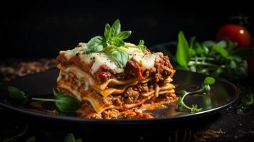 Delicious lasagna with meat sauce and cheese on dark background, hd photography of food, delicious bolognese pasta in the style of seihebricommerce stock photo contest winner. High quality photo