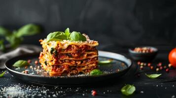 Delicious lasagna with meat sauce and cheese on dark background, hd photography of food, delicious bolognese pasta in the style of seihebricommerce stock photo contest winner. High quality photo