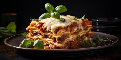 Delicious lasagna with meat sauce and cheese on dark background, hd photography of food, delicious bolognese pasta in the style of seihebricommerce stock photo contest winner. High quality photo